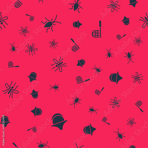 Set Beekeeper hat, Cockroach, Mosquito and Butterfly net on seamless pattern. Vector.