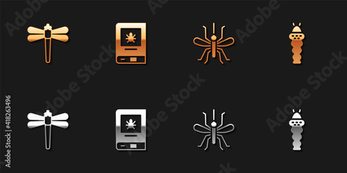 Set Dragonfly, Book about insect, Mosquito and Larva icon. Vector.