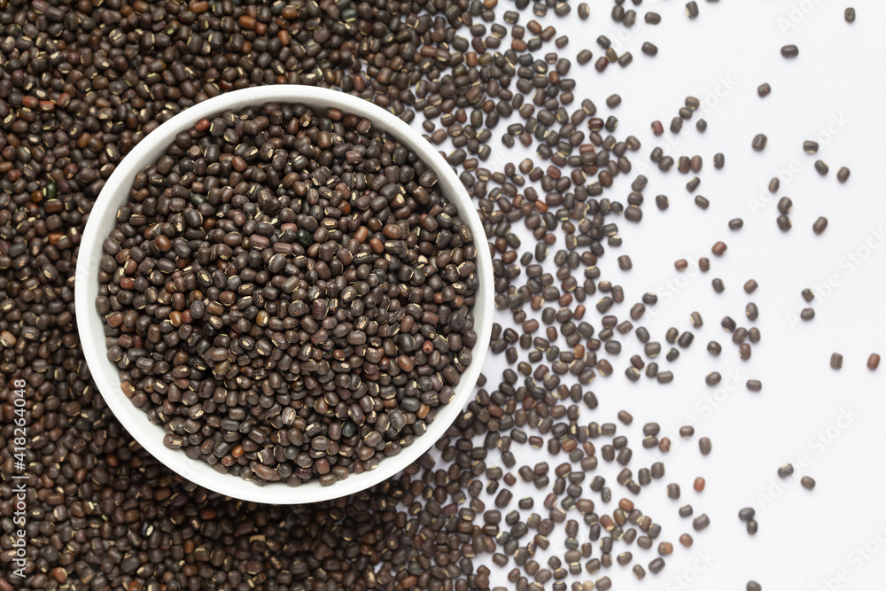 Close up of Organic Black Gram (Vigna mungo) on a ceramic white bowl with the gradient background of whole black urad. Top view Close up of Organic Black Gram (Vigna mungo) on a ceramic white bowl with the gradient background of whole black urad. Top view