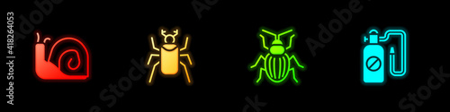 Set Snail, Beetle bug, Chafer beetle and Pressure sprayer icon. Vector.