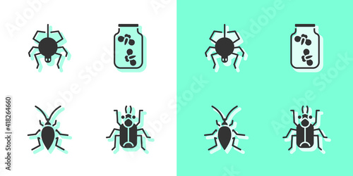 Set Beetle bug, Spider, Cockroach and Fireflies bugs in jar icon. Vector.