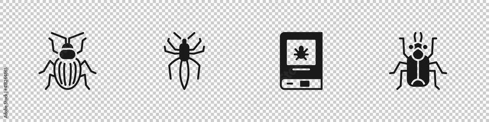 Set Chafer beetle, Spider, Book about insect and Beetle bug icon. Vector. Set Chafer beetle, Spider, Book about insect and Beetle bug icon. Vector.