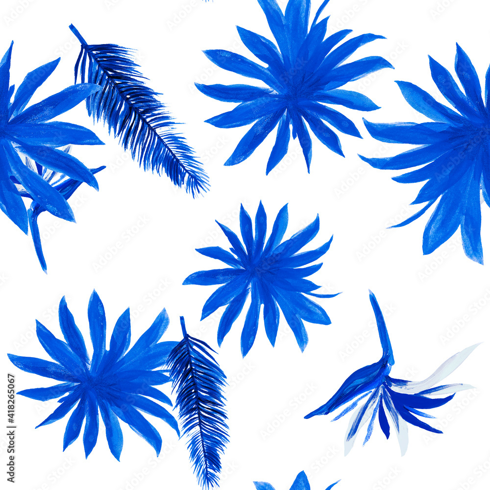 Blue Pattern Exotic. Cobalt Seamless Botanical. White Tropical Hibiscus. Azure Flower Art. Indigo Floral Exotic. Wallpaper Background. Decoration Leaves.