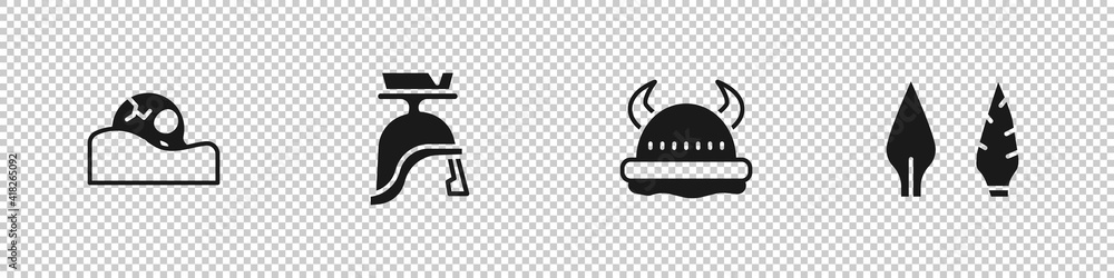 Set Human skull, Roman army helmet, Viking in horned and Stone age arrow head icon. Vector. Set Human skull, Roman army helmet, Viking in horned and Stone age arrow head icon. Vector.