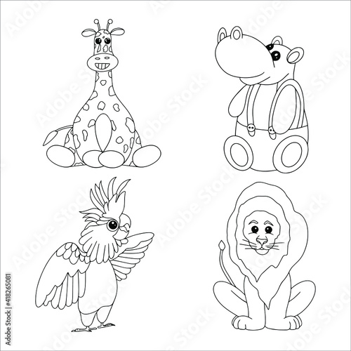 

Animal coloring pages. Vector outline. Coloring book for adult and children. Hippo, parrot, lion, giraffe, africa.
