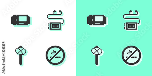 Set No Smoking, Museum ticket, Stone age hammer and audio guide icon. Vector.