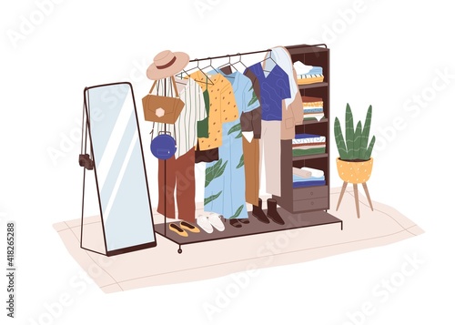 Mirror and summer fashion wardrobe with stylish outfits. Women clothes hanging on hanger and lying on shelves of storage system. Colored flat vector illustration isolated on white background