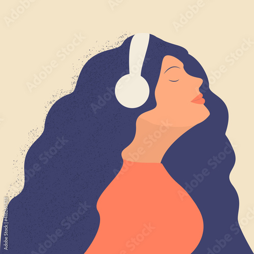 Cute young curly girl or woman with headphones listening to music, radio, podcast or audio book and enjoy sound. Music therapy. Trendy hand drawn flat Vector illustration.