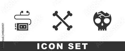 Set Museum audio guide, Crossed human bones and Broken skull icon. Vector.