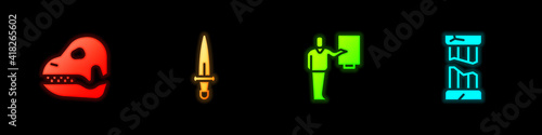 Set Dinosaur skull, Dagger, Museum guide and Broken ancient column icon. Vector.