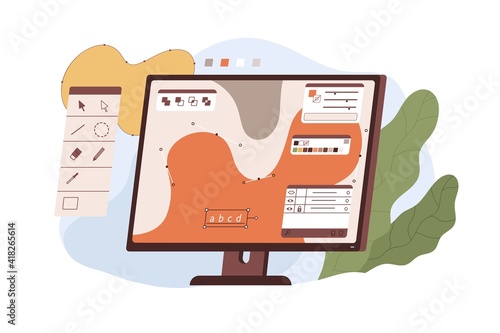 Graphic editor interface on computer screen for digital design and vector illustration. Modern software with tools isolated on white background
