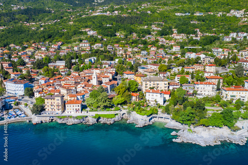 Coastal town of Lovran in Croatia, aerial panoramic view, popular tourist destination photo