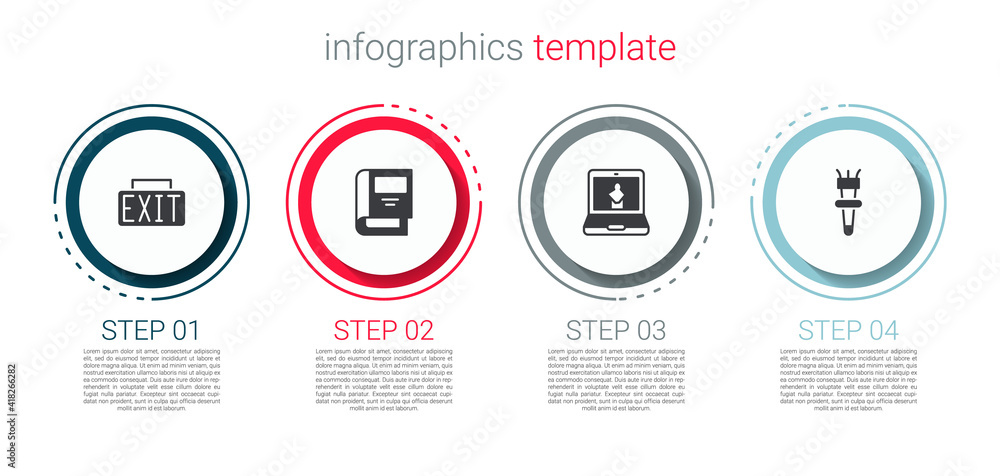 Set Exit sign, History book, Online museum and Torch flame. Business infographic template. Vector.