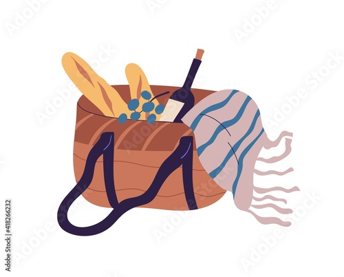 Picnic basket with bottle of wine, food and blanket. Hamper with snacks, grapes, baguettes and alcohol for summer lunch. Colored flat vector illustration isolated on white background