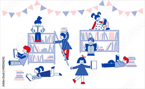 Kids reading books in the library. Flat vector illustration of cute kids with books and bookshelves on the background. Book festival concept.