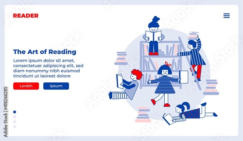 Kids reading books. Flat vector landing page template with illustration of group of cute kids with books and bookshelves on the background.