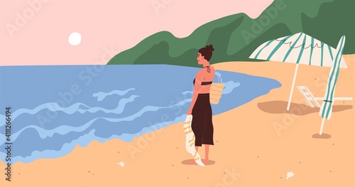 Young woman standing on beach and enjoying marine view and summer sunset at sea. Happy female character looking at ocean in evening. Tourist walking alone at seaside. Colored flat vector illustration