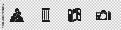 Set Rock stones, Ancient column, Museum guide brochure and Photo camera icon. Vector.