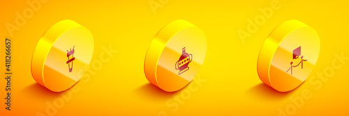 Set Isometric Torch flame, Ancient amphorae and Picture and rope barrier icon. Vector.