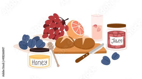 Still life with picnic food such as snacks, bread, buns, summer fruits, berries, jam, honey and glass of lemonade. Composition with meals isolated on white background. Flat vector illustration