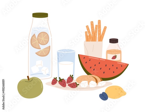 Still life with healthy food such as snacks, summer fruits, glass of milk, bottles of lemonade and juice. Composition with meals and soft drinks isolated on white background. Flat vector illustration