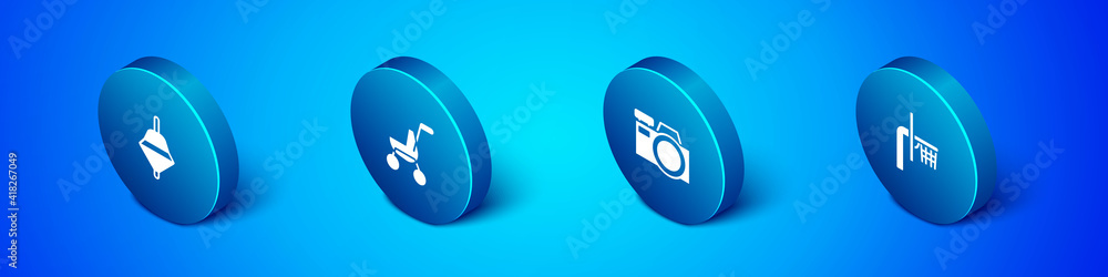 Set Isometric Whirligig toy, Photo camera, Basketball backboard and Baby stroller icon. Vector. Set Isometric Whirligig toy, Photo camera, Basketball backboard and Baby stroller icon. Vector.