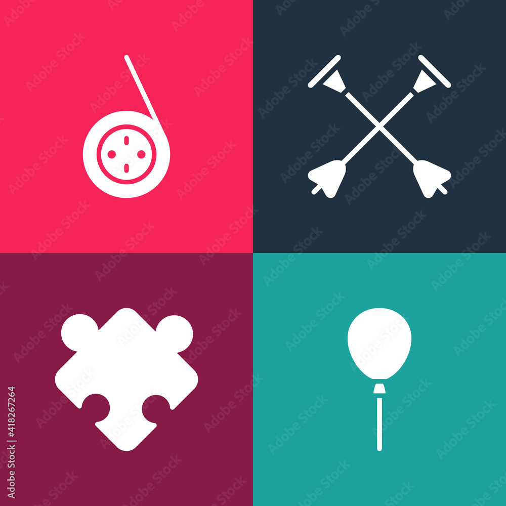 Set pop art Balloons with ribbon, Puzzle pieces toy, Arrow sucker tip and Yoyo icon. Vector. Set pop art Balloons with ribbon, Puzzle pieces toy, Arrow sucker tip and Yoyo icon. Vector.