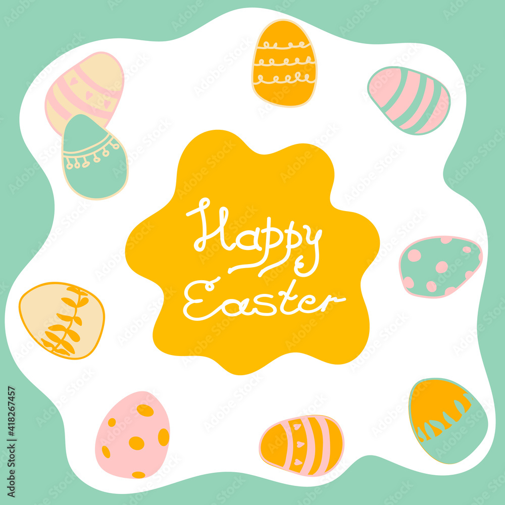 Happy Easter card. Lettering. Vector green background with  Easter eggs. Cartoon style