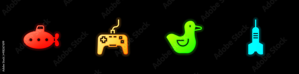 Set Submarine toy, Gamepad, Rubber duck and Dart arrow icon. Vector. Set Submarine toy, Gamepad, Rubber duck and Dart arrow icon. Vector.