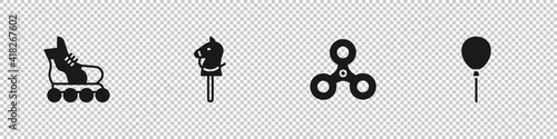 Set Roller skate, Toy horse, Fidget spinner and Balloons with ribbon icon. Vector.