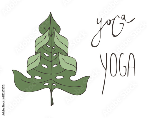 Yoga lettering, monstera leaf in yoga pose, hand drawing, doodling, logo, icon. Vector illustration