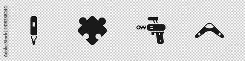 Set Marker pen, Puzzle pieces toy, Ray gun and Boomerang icon. Vector.