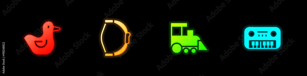 Set Rubber duck, Bow toy, Toy train and piano icon. Vector. Set Rubber duck, Bow toy, Toy train and piano icon. Vector.