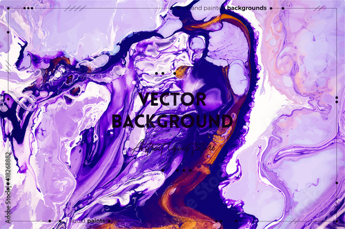 Fluid art texture. Abstract background with mixing paint effect. Liquid acrylic picture with beautiful mixed paints. Can be used for interior poster. Purple, lavender and golden overflowing colors