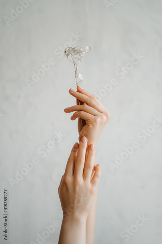 Female hand with white flowers on light background