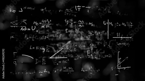 School subjects formulas and drawings - made with chalk over black blackboard. Camera flight through formulas.