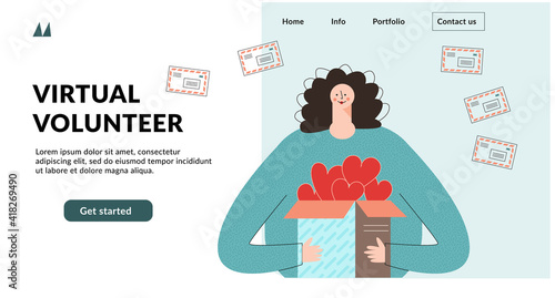 Volunteering, volunteer services, altruistic job activity concept. Website app landing web page template. Flat vector cartoon illustration with female character