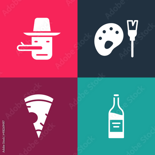 Set pop art Bottle of wine, Slice pizza, Paint brush with palette and Pinocchio icon. Vector.