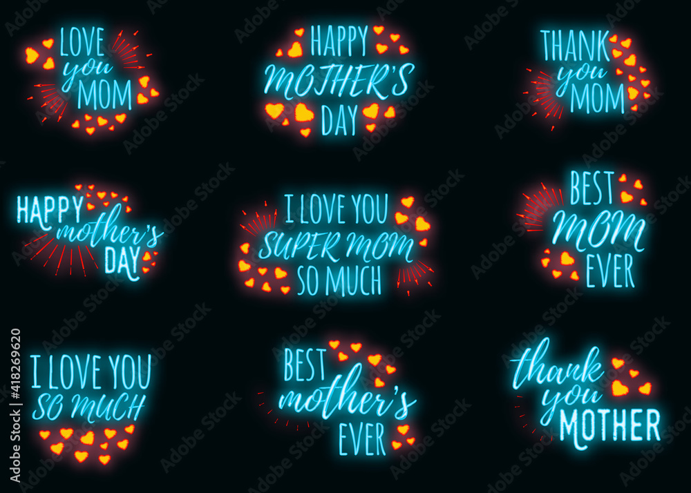 Concept neon Happy Mother's Day banner, logo, label and poster, vector illustration on brickwork background. Calligraphy and font greeting, wedding, celebration card.