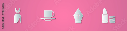 Set paper cut Woman dress, Coffee cup, Pope hat and Lipstick icon. Paper art style. Vector.