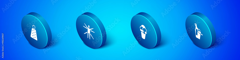 Set Isometric Grater, Ice cream, Bottle of wine in bucket and Vitruvian Man icon. Vector. Set Isometric Grater, Ice cream, Bottle of wine in bucket and Vitruvian Man icon. Vector.