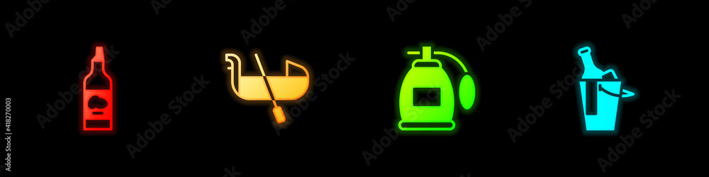 Set Bottle of olive oil, Gondola, Perfume and wine in bucket icon. Vector. Set Bottle of olive oil, Gondola, Perfume and wine in bucket icon. Vector.