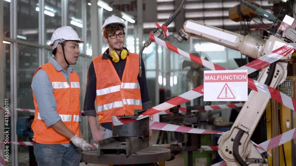 Bad Machine Operator factory worker engineers talking about machine out of order and broken ...