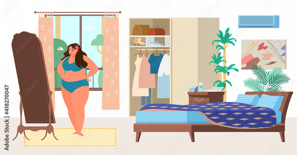 Plus Size Woman Trying on a Swimsuit In a Bedroom. Flat Vector Illustration. Plus Size Woman Trying on a Swimsuit In a Bedroom. Flat Vector Illustration.
