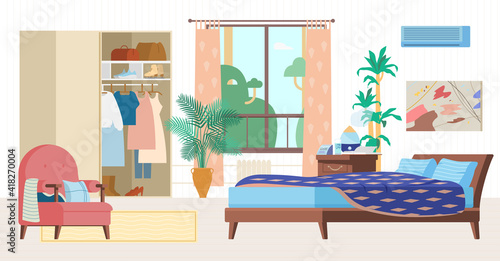 Cozy Bedroom Interior Flat Vector Illustration. Wooden Furniture, Bed, Armchair, Wardrobe With Clothes, Window, Bedside Table With Humidifier, Clock, Plants. 