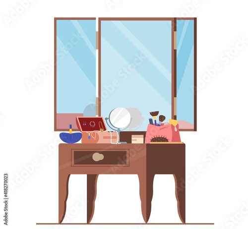 Flat Vector Illustration Of Dressing Table With Cosmetic Bag, Mirror, Jewelry, Makeup Brushes, Perfume. Women's Beauty Accessories. Isolated On White.