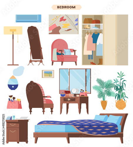 Bedroom Interior Elements Flat Vector Set. Wooden Furniture, Bed, Nightstand, Dressing Table, Armchair, Wardrobe, Cosmetic Bag, Floor Mirror, Сonditioner, Humidifier, Plants, Paintings.