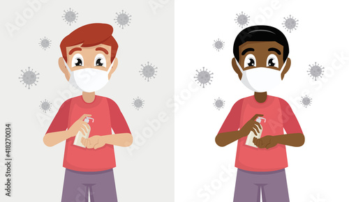 Boy wear masks Use alcohol antiseptic gel to clean hands and prevent germs and covid-19