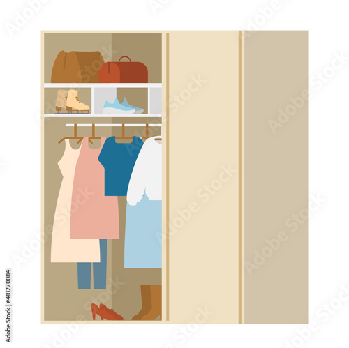 Wardrobe With Clothes And Shoes Flat Vector Illustration. Isolated On White.