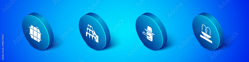 Set Isometric Barrel for wine, Pinocchio, Fountain and Coliseum Rome icon. Vector. Set Isometric Barrel for wine, Pinocchio, Fountain and Coliseum Rome icon. Vector.
